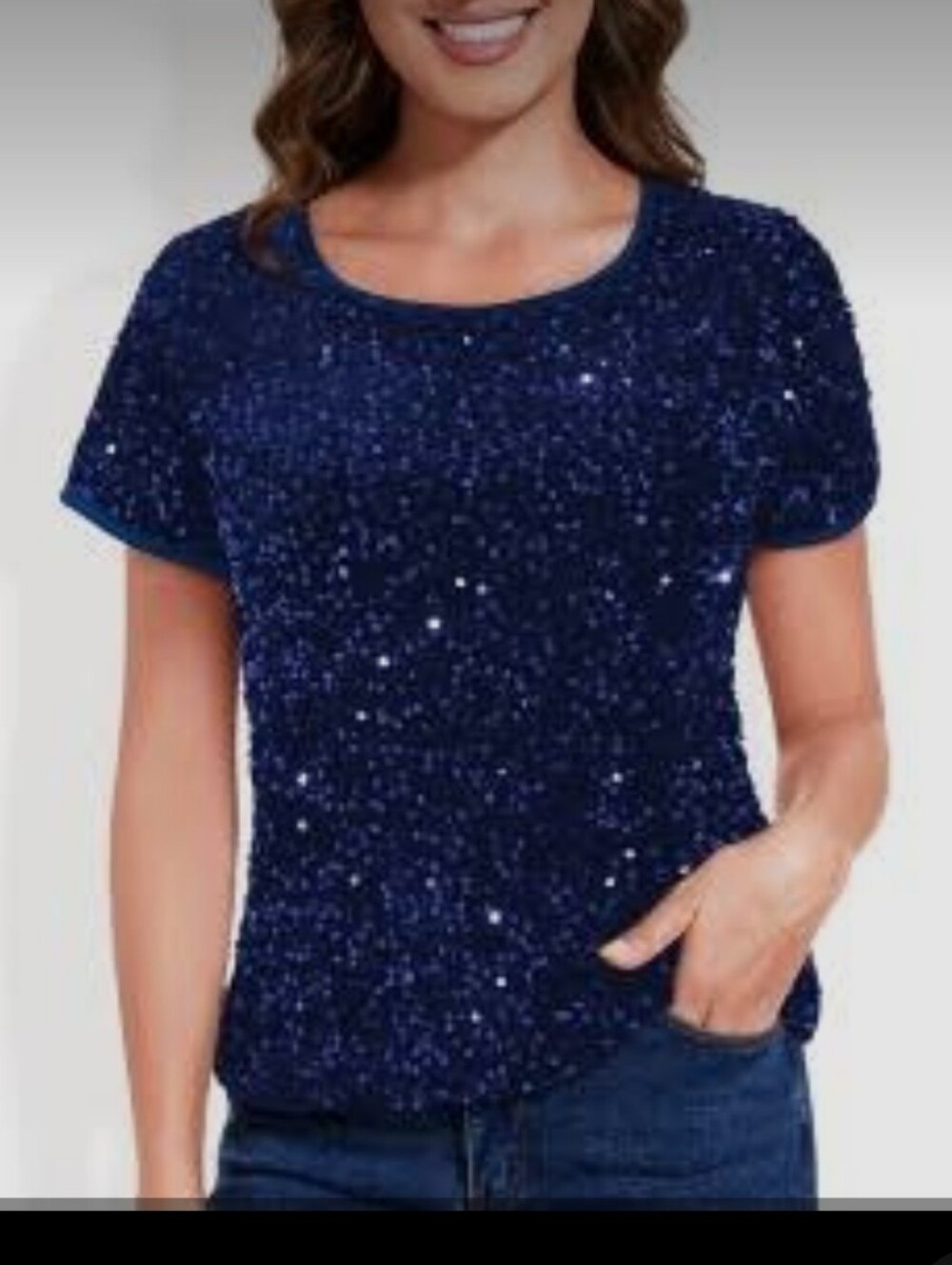 Loft top with sequins navy blue size med  Round neck short sleeves big l…